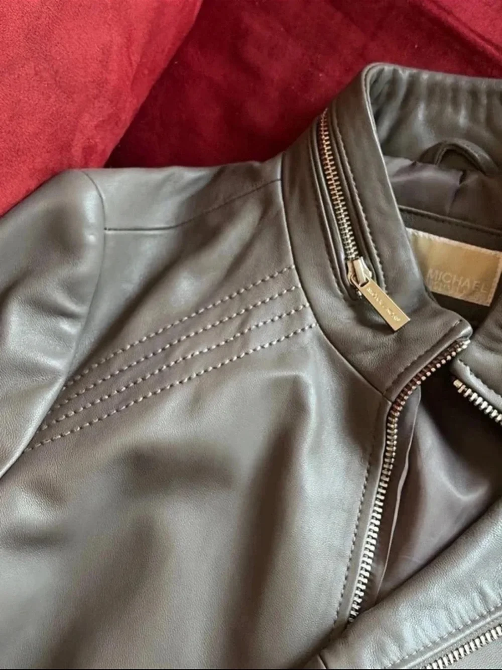 Michael Kors Unisex Grey Leather Bomber Jacket - Classic Zip Front